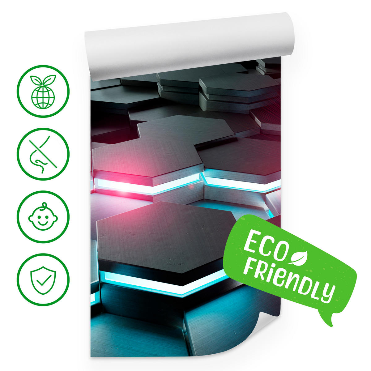 FOTOTAPETE für Büro Schwarz Hexagone Neon Rosa Blau Formen Geometrie 150x105 - Blau/Schwarz, Papier (150/105cm) - Muralo