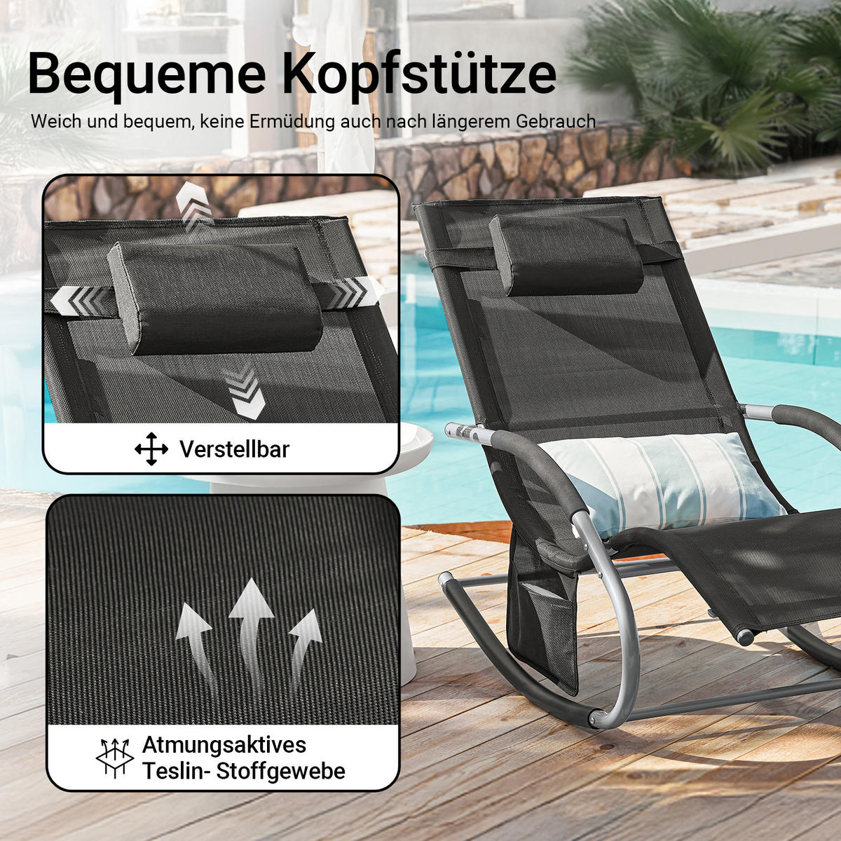 SONNENLIEGE Schwarz - Schwarz, Metall (63/83/150cm) - SoBuy
