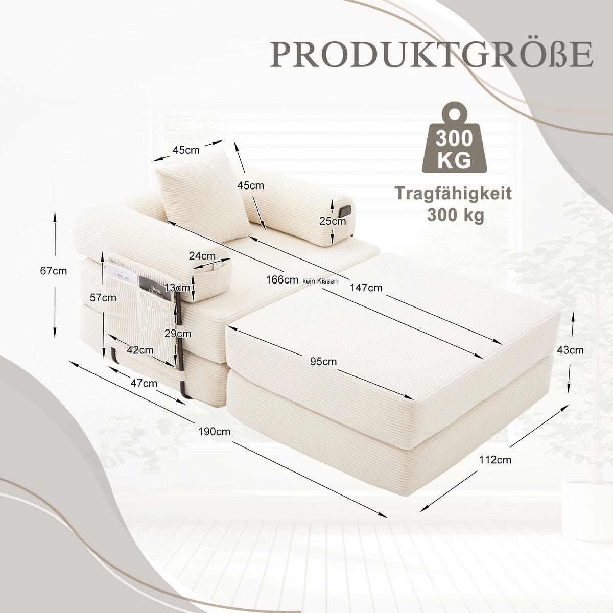 SOFA Cord Beige mit Kissen und Hocker - Beige, Textil/Metall (112/67/190cm) - WISHDOR