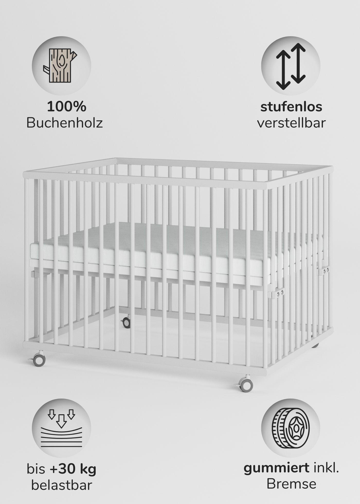 LAUFGITTER 75x100 cm mit Matratze SleepPlus - weiß - Premium Kollektion - Weiß, Holz (100/74/75cm) - Sämann – make a difference.