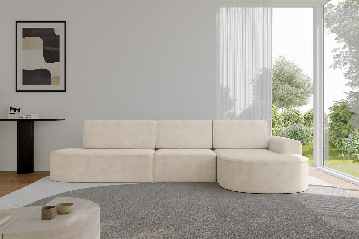 ECKSOFA mit Schlaffunktion Ottomane RECHTS MARI L2-S 368X167X85 Beige Velours - Sandfarben/Schwarz, Holzwerkstoff/Kunststoff (167/368cm) - ALTDECOR