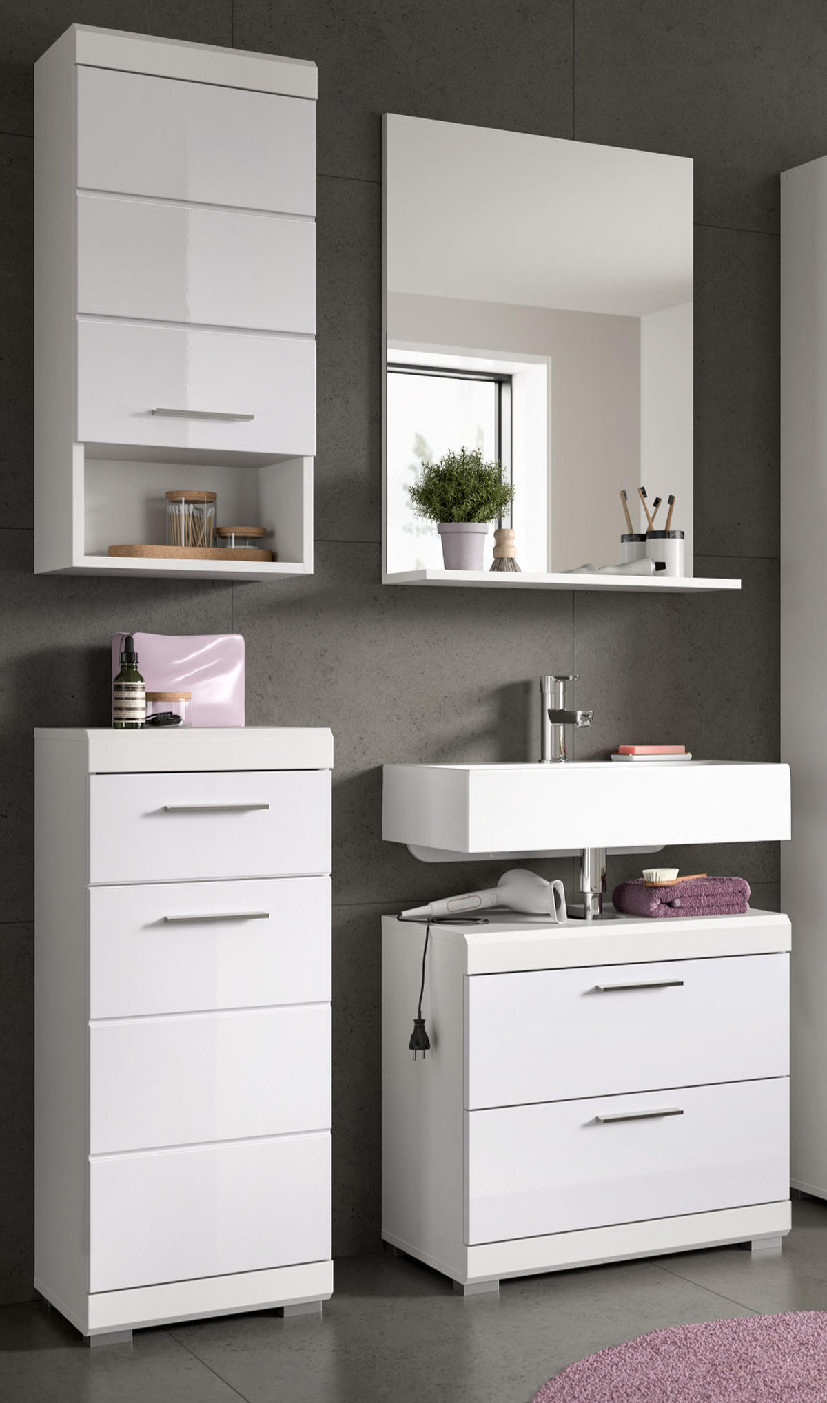 BADMÖBEL-SET weiß Hochglanz 4-teilig 112 cm, Komplettset mit viel Stauraum - Weiß Hochglanz, Glas/Holzwerkstoff (112/191/37cm) - Inn.Furn