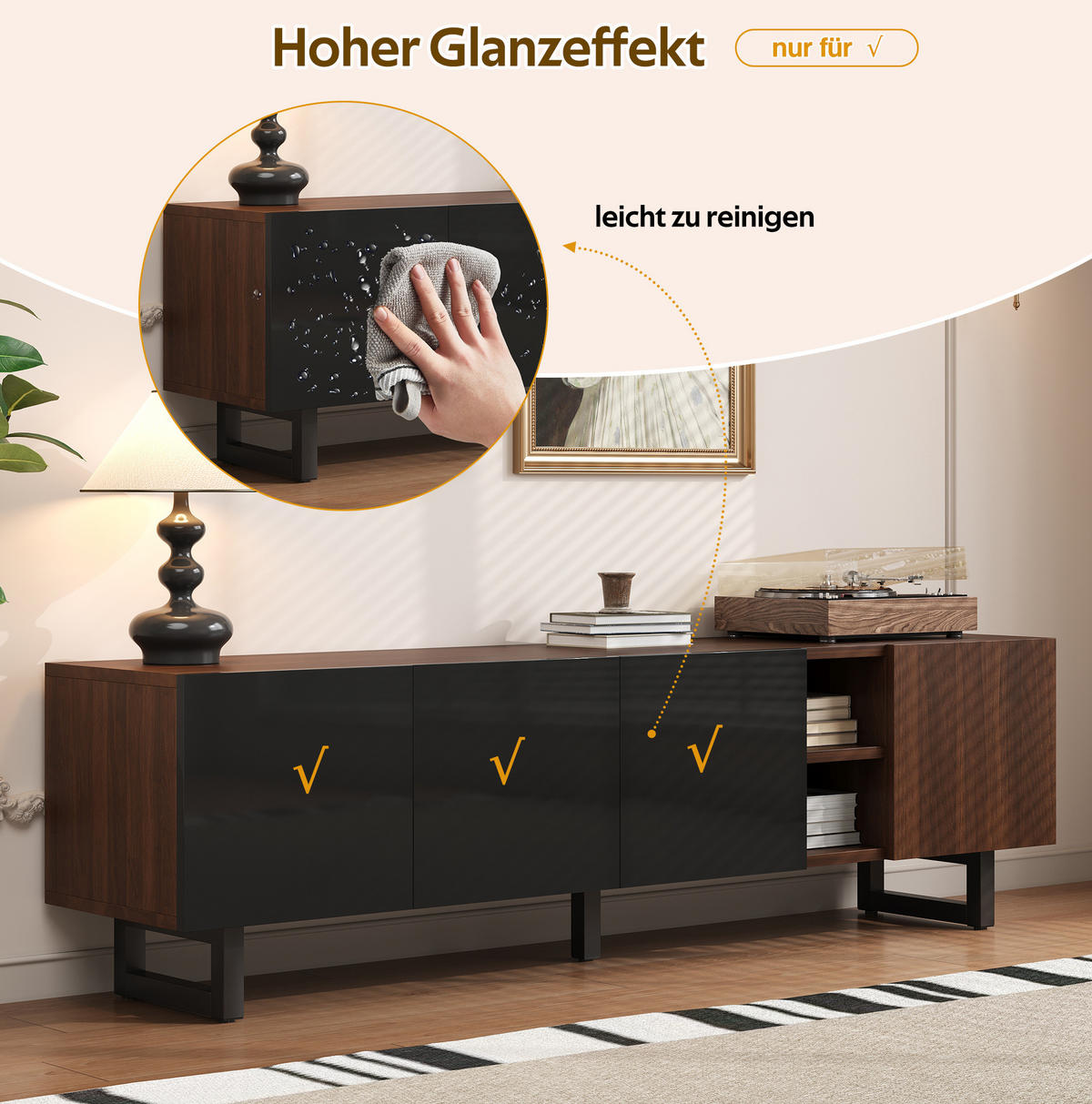 TV-SCHRANK aus MDF 180x38x50 cm Schwarz/Natur mit grifflosen Türen, Hochglanzfront und viel Stauraum - Hellbraun, Holzwerkstoff (180/50/38cm) - Modfu