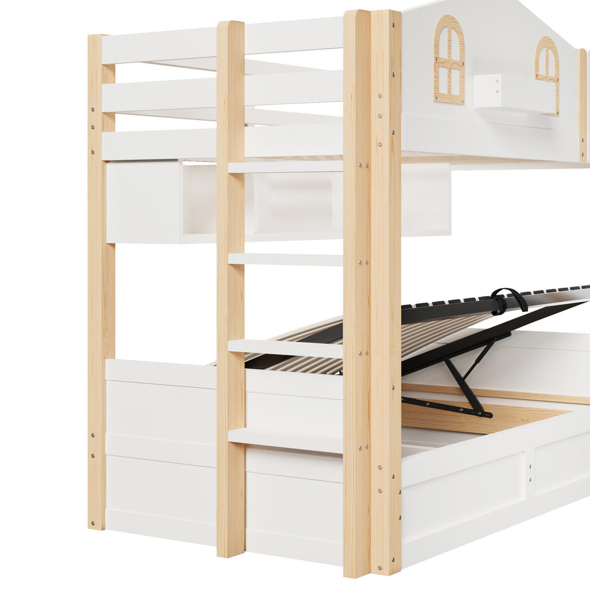 ETAGENBETT 90x200 cm im Hausdesign in Weiß/Natur mit LED-Beleuchtung und Stauraum - Weiß, Holzwerkstoff (90/200cm) - IVMEU