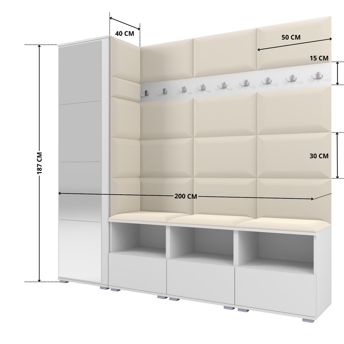 GARDEROBE NELA IX 200 cm (Modulare Flurmöbel Weiß mit Spiegel & Sitzpolster Creme 01 Breite Sitzbank) - Silberfarben/Creme, Holz/Holzwerkstoff (200/187/40cm) - Ravio