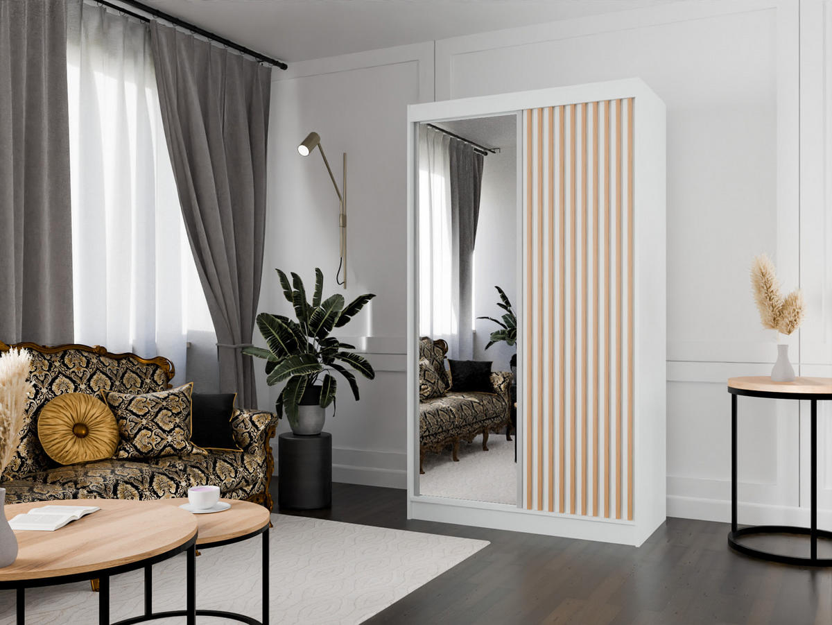 SCHIEBETÜRENSCHRANK LAMELIS - Eiche Wotan/Weiß, Holzwerkstoff (120/215/61cm) - Meblini