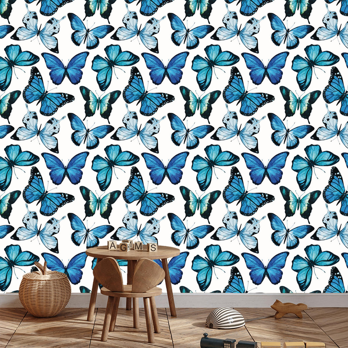 VLIESTAPETE Schmetterlinge im Boho-Stil – Blau, Weiß – 50x1000 cm - Blau/Weiß, Papier (50/1000cm) - Muralo