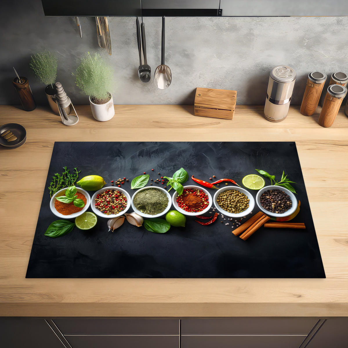 HERDABDECKPLATTE Kräuter - Gewürze - Konkrete Optik - Stilleben Induktionsschutz 81.6x52.7 cm - Multicolor, Kunststoff (81.6/52.7/0.2cm) - MuchoWow