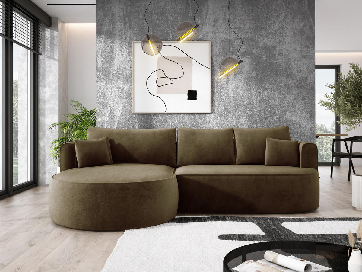 ECKSOFA FIORE L-förm Moderne Ausziehbare Schlaf-Funktion, automatischer Auffaltung, lose Rückenkissen freistehend LINKS 284x183x82cm Green - Grün, Holz/Textil (183/284cm) - DomoHome