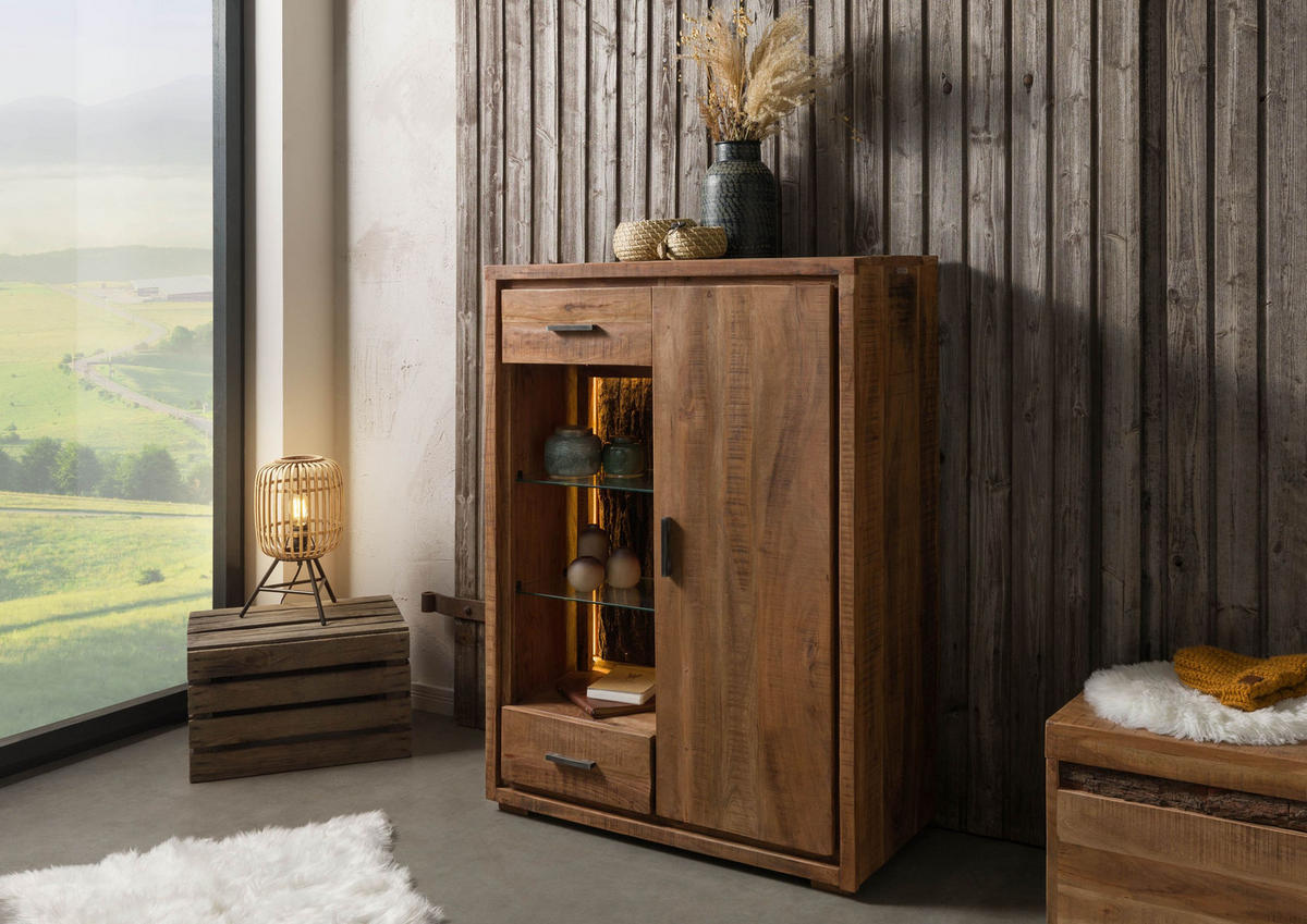 KOMMODE Akazie 88x40x120 natur lackiert BARK #125 - Braun, Holz (88/120/40cm) - Massivmoebel24