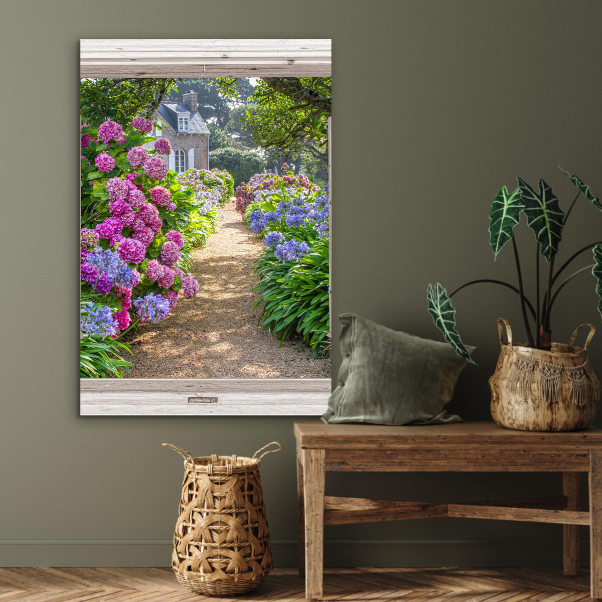 METALLBILD Hortensie - Fensterblick - Blumen - Sommer - Lila - Weg 60x90 cm - Lila, Metall (60/90cm) - MuchoWow