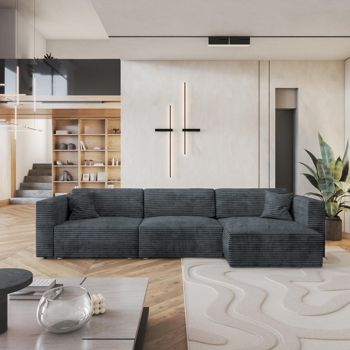 ECKSOFA TOLMO Grau Kordstoff mit Schlaffunktion - Grau, Holz/Kunststoff (347/148cm) - MASSENO