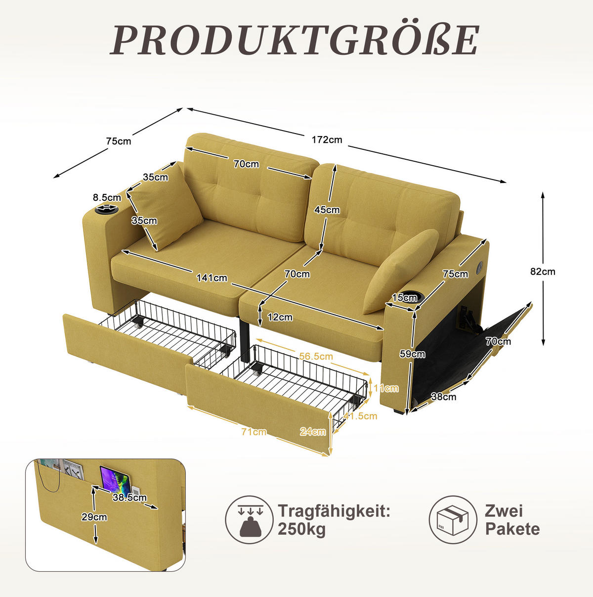 2-SITZER Sofa 172/75/82 cm mit USB-Anschlüssen, Stauraumschubladen und Getränkehaltern, Chenille, Senfgelb - Gelb, Textil (172/82/75cm) - Redom
