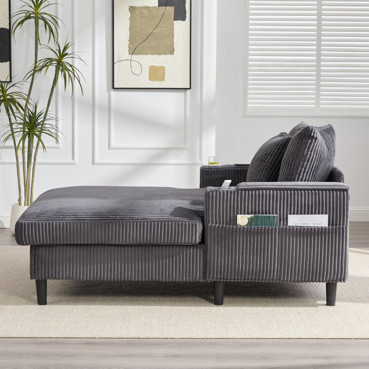 CHAISELONGUE mit Stauraum 129 x 170 cm Corduroy Dark Gray - Dunkelgrau, Holz (170/70/129cm) - Meubliv