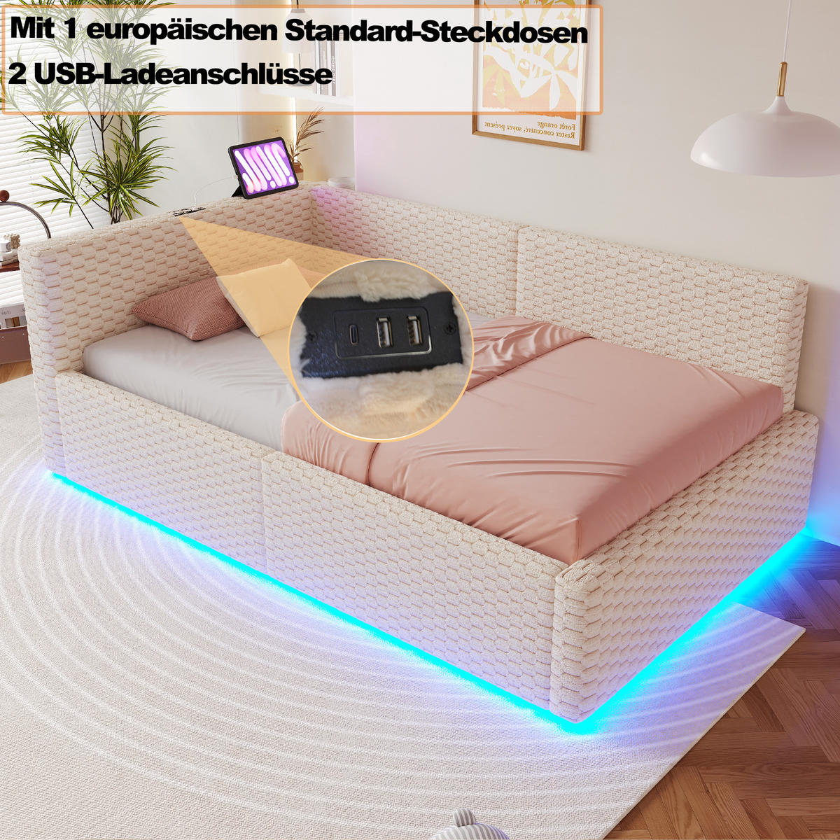 POLSTERBETT 90/200 cm Beige mit LED-Beleuchtung, USB-C-Anschluss und 2 USB-Anschlüssen - Beige, Textil (90/200cm) - Oxeza