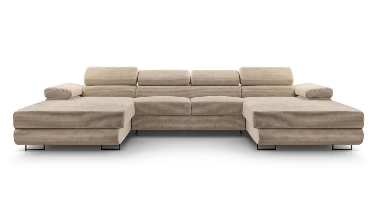 WOHNLANDSCHAFT Arborio Beige 352/202/90 cm mit Schlaffunktion - Beige/Schwarz, Textil/Metall (352/90/202cm) - AX Living