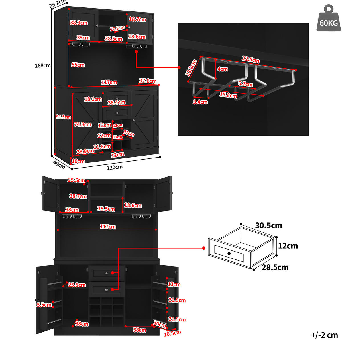 BUFFETSCHRANK 120/40/188 cm mit Weinregal, verstellbaren Einlegeböden und MDF-Korpus, Schwarz - Schwarz, Holzwerkstoff (120/188/40cm) - Redom