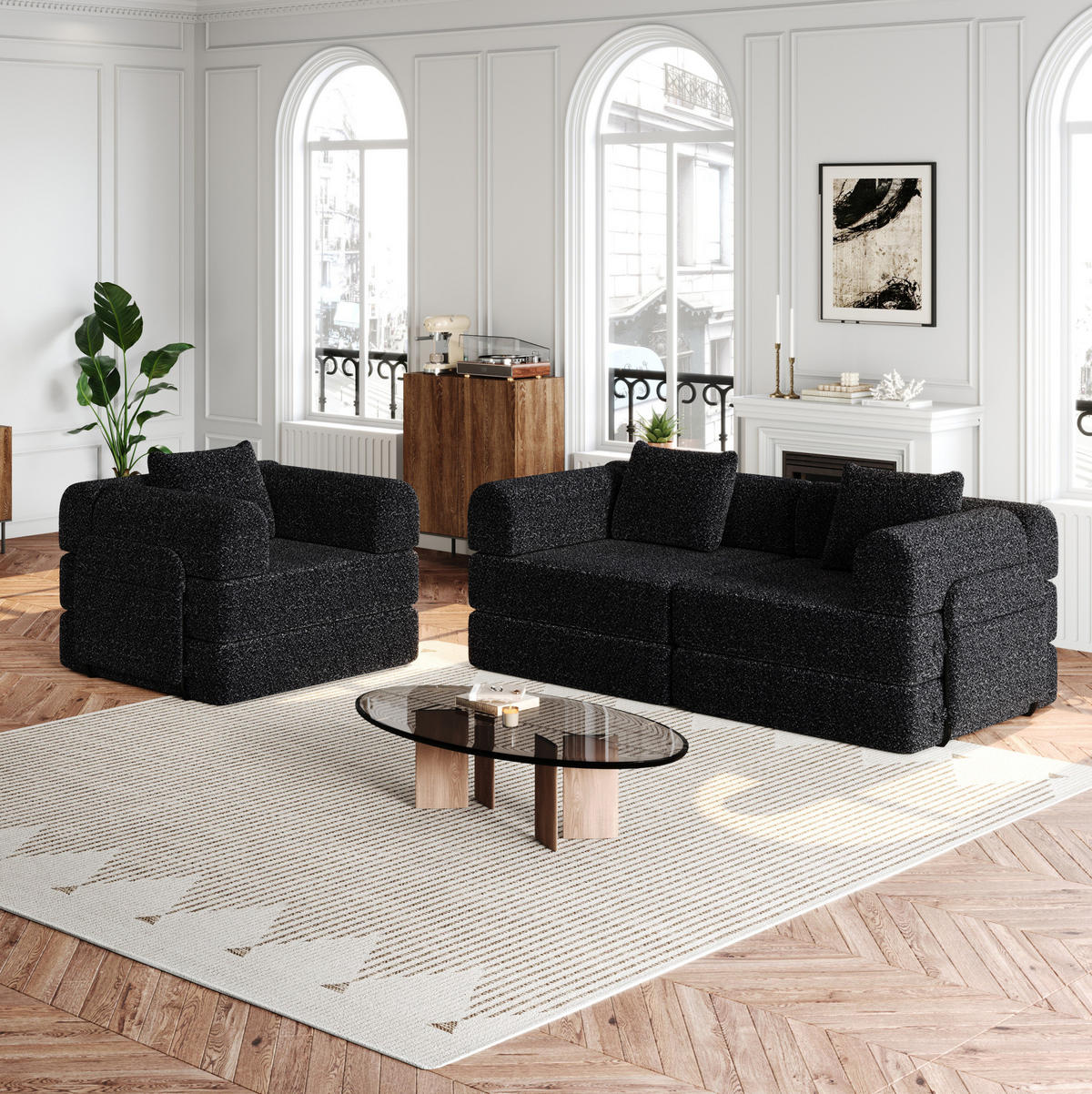 SCHLAFSOFA 2-in-1, Chenille mit Armlehnen-Staufach & Stahlrahmen, 91,4/274/69,8 cm, Schwarz - Schwarz, Textil (91.4/69.8/274cm) - Redom