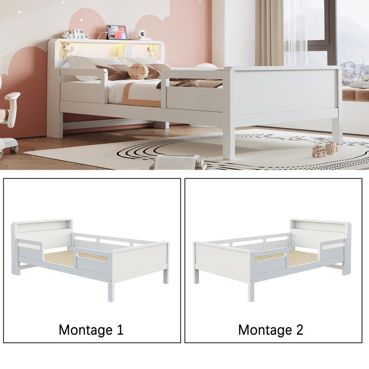 KINDERBETT 90x200cm Kiefer Holz USB LED Kopfteil Weiß - Weiß, Holz (90/200cm) - FLIEKS