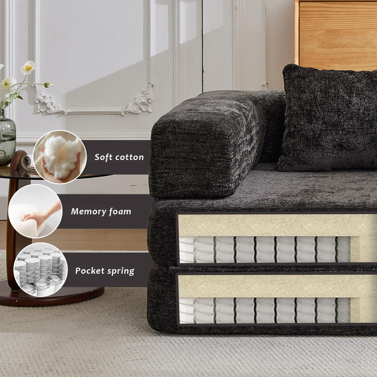 SCHLAFSOFA 2-in-1 faltbar ohne Montage, DE-42526, Schwarz - Schwarz, Textil (200/63/100cm) - ComfortXL