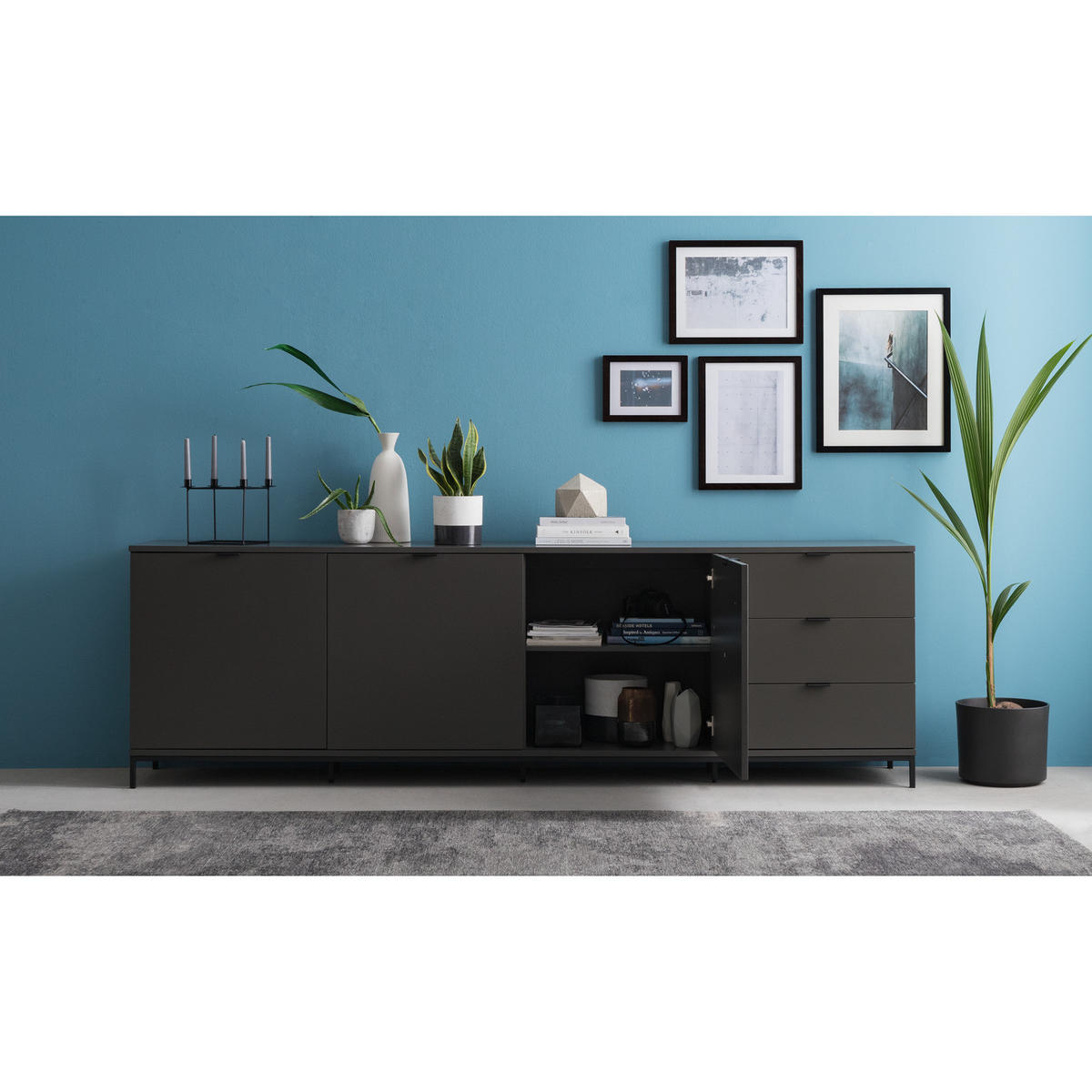 SIDEBOARD - Dunkelgrau, 240 cm - Dunkelgrau/Schwarz, Holzwerkstoff (240/74/40cm) - home24