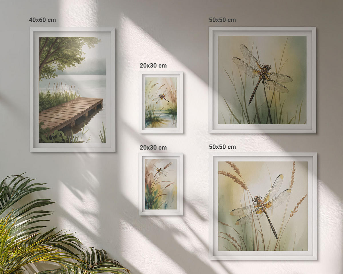 BILDER SET 5er Set - 50x50 cm & 20x30 cm & 40x60 cm Weißer Rahmen - Libellengräser über dem Wasser - Weiß, Kunststoff (40/60cm) - TULUP