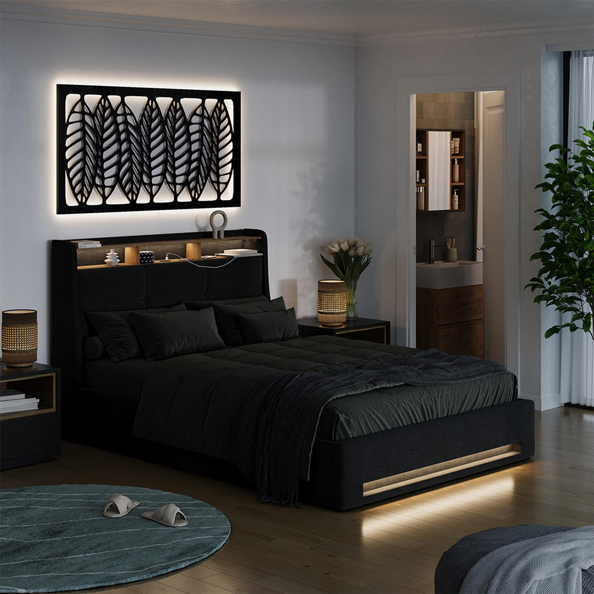POLSTERBETT Christin Anthrazit/Eiche 140x200 mit Matratze, LED und USB-Anschluss - Eichefarben/Anthrazit, Holzwerkstoff - VitaliSpa