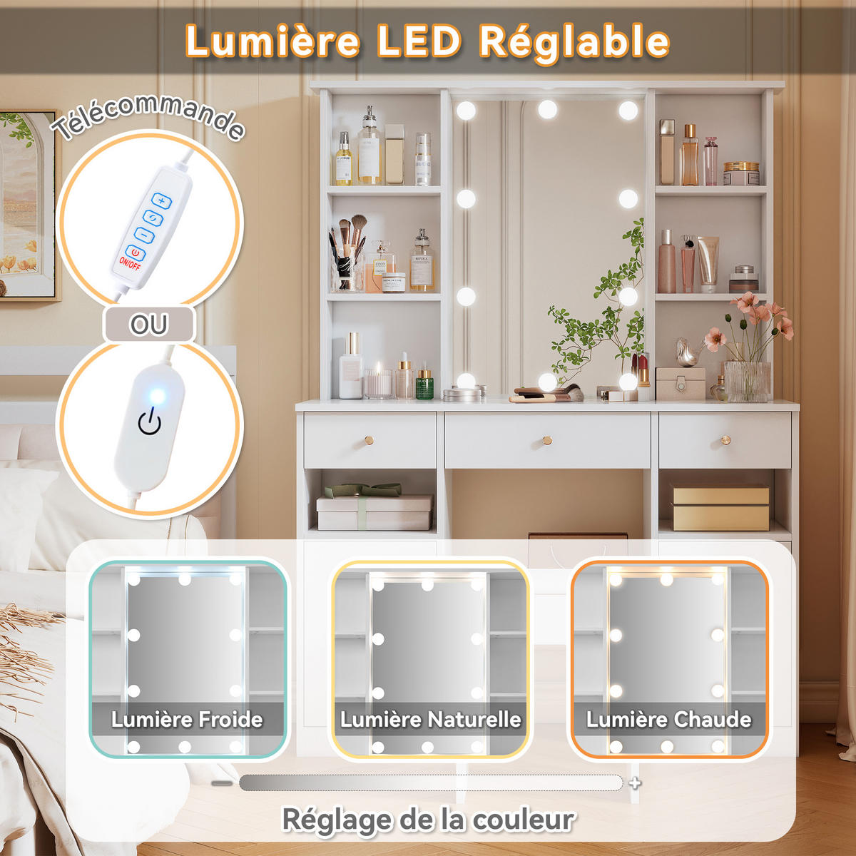 SCHMINKTISCH WEISS mit LED-Beleuchtung Spiegel und Hocker 3 Schubladen 110x40x151 cm - Weiß, Holzwerkstoff (40/151/110cm) - Bomclap