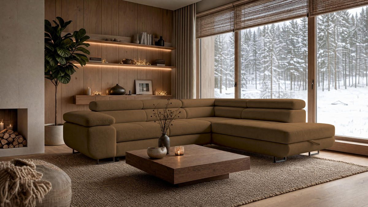 ECKSOFA Velmo mit Bettkasten und Schlaffunktion, verstellbaren Kopfstützen, in L-Form - Braun, Textil (275/203cm)