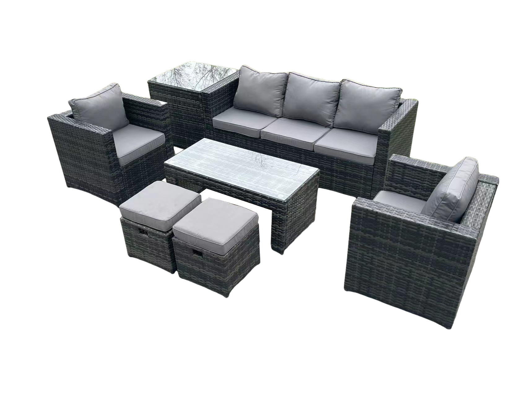 GARTENMÖBELSET mit Couchtisch Polyrattan 7-Sitzer - Dunkelgrau/Grau, Glas/Kunststoff - Fimous