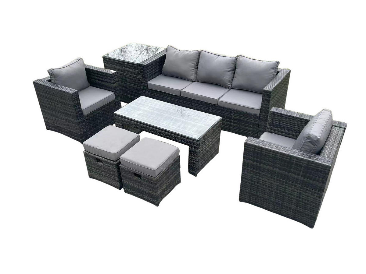 GARTENMÖBELSET mit Couchtisch Polyrattan 7-Sitzer - Dunkelgrau/Grau, Glas/Kunststoff - Fimous