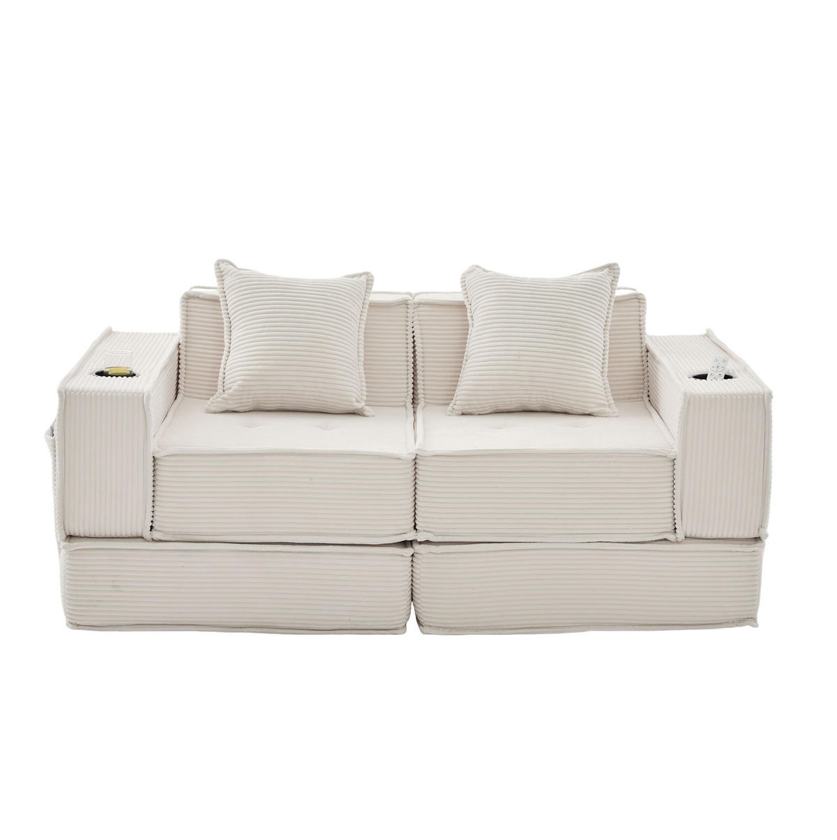 2-SITZER-SOFA aus Cord 162x78x66 cm Beige mit 2 Kissen, Seitentaschen und modularem Aufbau - Beige, Textil (162/66/78cm) - Modfu