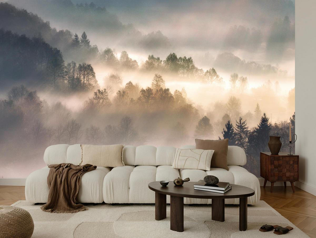 FOTOTAPETE für Wohnzimmer Natur Nebeliger Wald Sonnenaufgang Gebirge 500x350 - Gelb/Creme, Papier (500/350cm) - Muralo