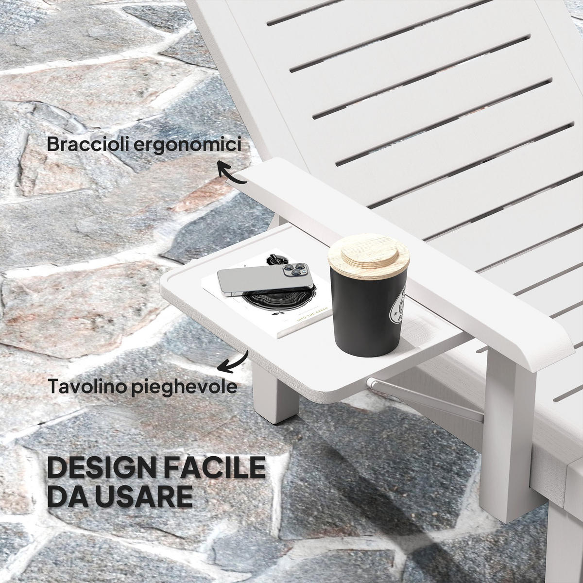SONNENLIEGE Set aus 2 verstellbaren Gartenliegen mit Couchtisch und Armlehnen aus Polypropylen 79 x 158 x 88 cm ,Weiß - Weiß, Kunststoff (79/88/158cm) - Vallsero