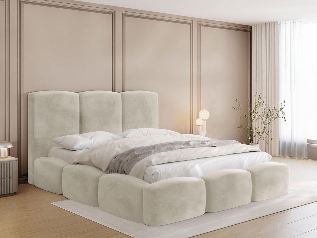 POLSTERBETT Harmony mit Bettkasten, Creme Samt Velours 120x200 cm - Beige/Birkefarben, Holzwerkstoff/Kunststoff (120/200cm) - WFL GROUP