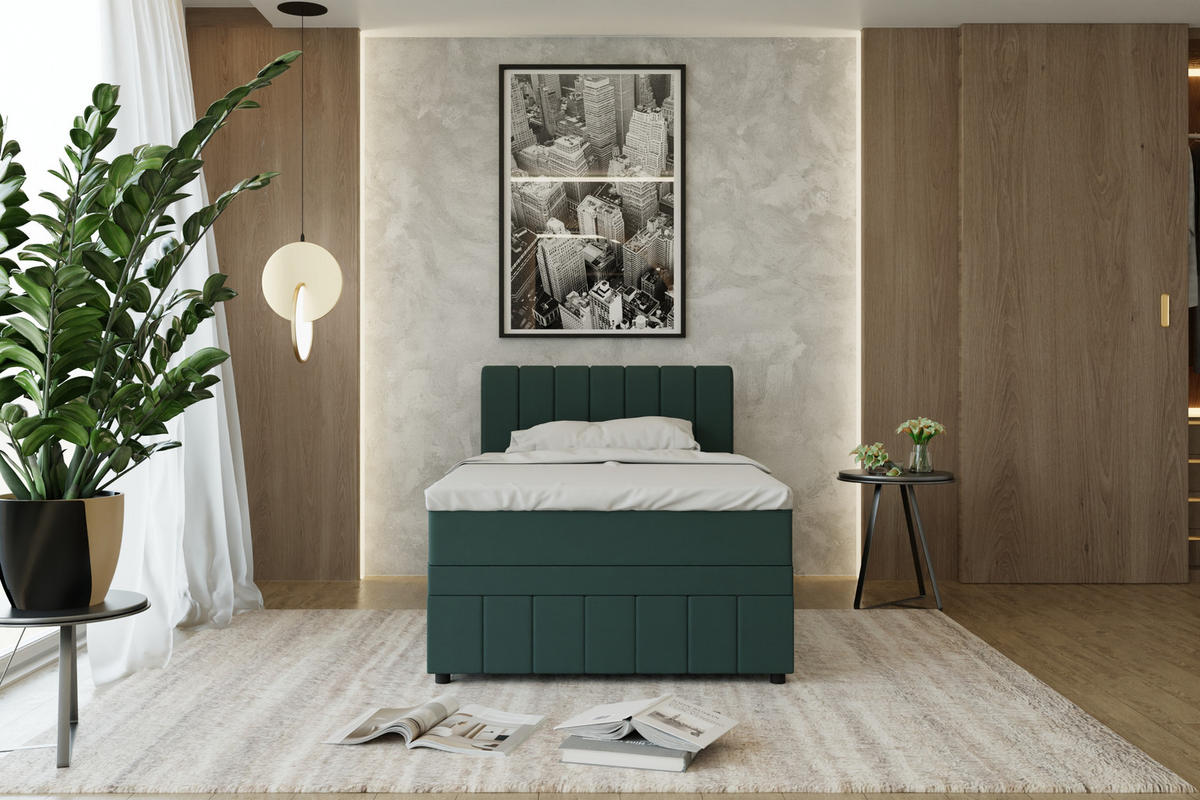 BOXBETT AVALON 120 x 200 cm mit Bettkasten und Topper - Dunkelgrün - Dunkelgrün, Holz - Panda Möbel