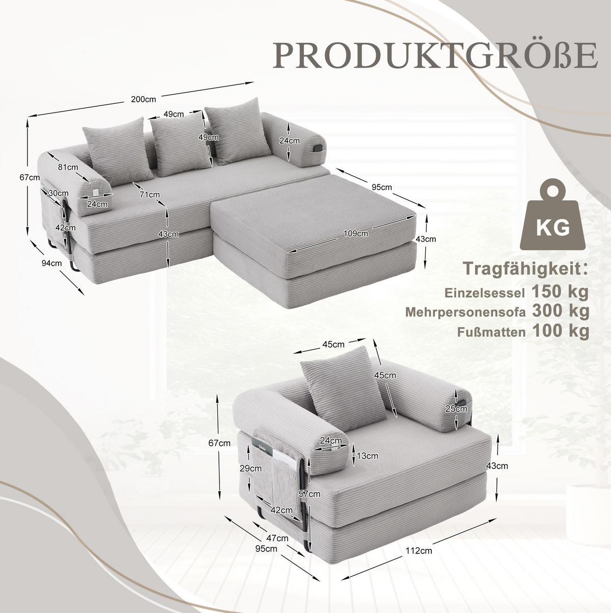 SOFA modular mit Hocker 200 x 94 x 67 cm Cord Hellgrau - Hellgrau, Kunststoff (190/67/312cm) - Meubliv