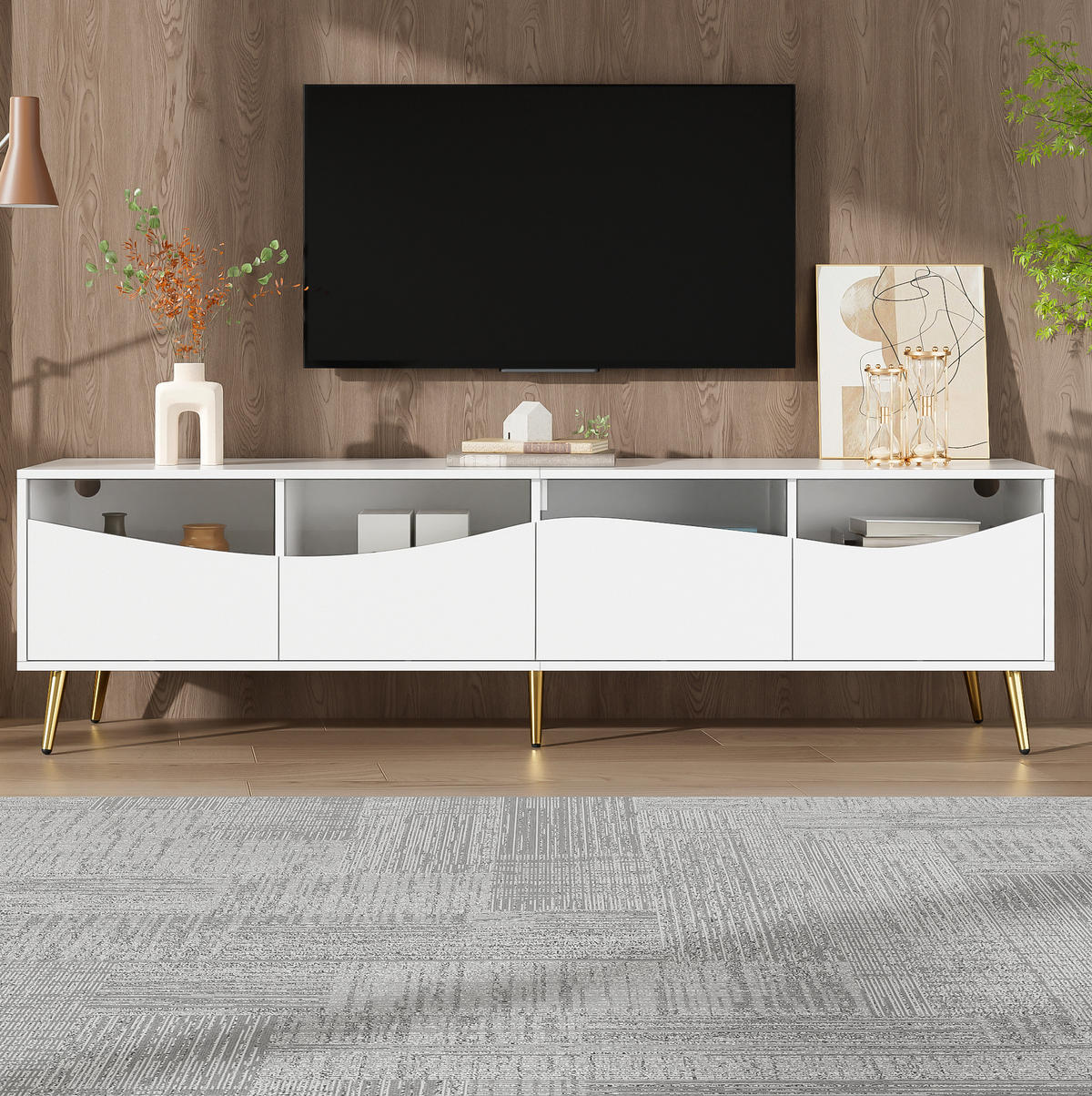 TV-SCHRANK in Weiß mit Glasfronten, LED und goldfarbenen Metallfüßen 180/40/50 cm - Weiß, Holzwerkstoff (180/50/40cm) - Redom