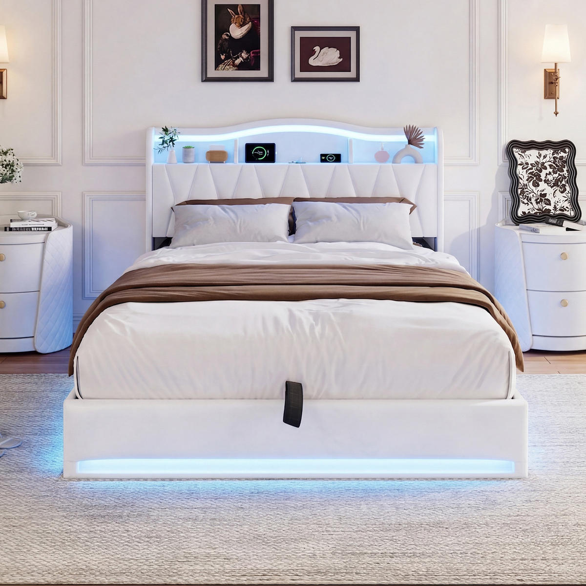 POLSTERBETT 140/200 aus Samt, mit gepolstertem Kopfteil, Bettkasten, LED, USB, Lattenrost, Metallrahmen, Beige - Beige, Textil (140/200cm) - Waldena