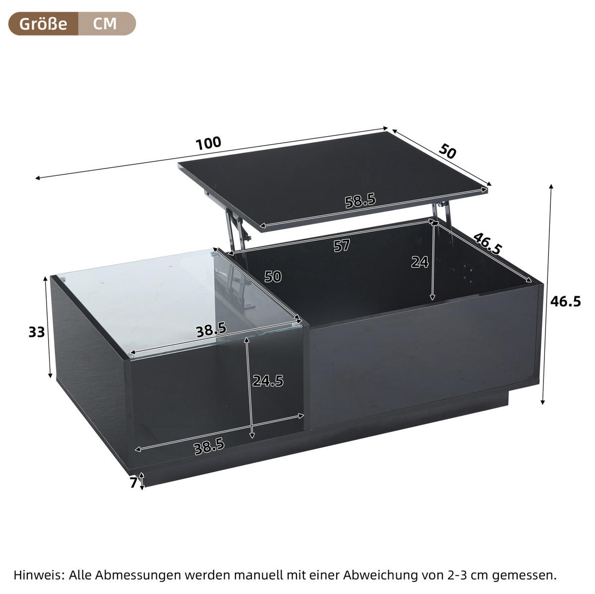 COUCHTISCH aus Spanplatte 100x50x33-46,5 cm in Schwarz mit LED-Beleuchtung - Schwarz, Holzwerkstoff (100/50/46.5cm) - Modfu