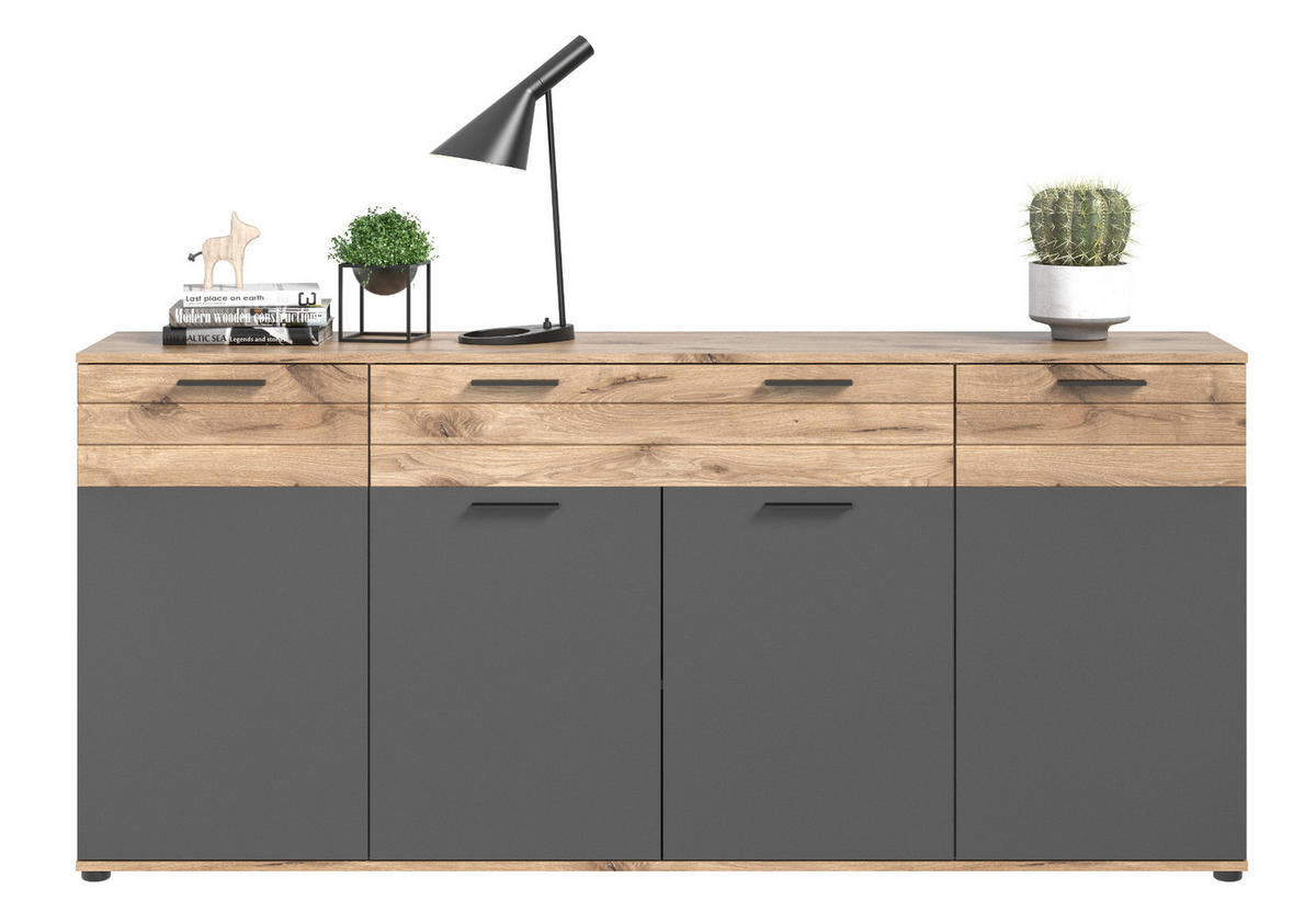SIDEBOARD Eiche, grau 200 cm, KOMMODE mit Soft-Close, Wohn- und Esszimmermöbel - Eichefarben/Schwarz, Holzwerkstoff/Kunststoff (200/91/40cm) - Inn.Furn