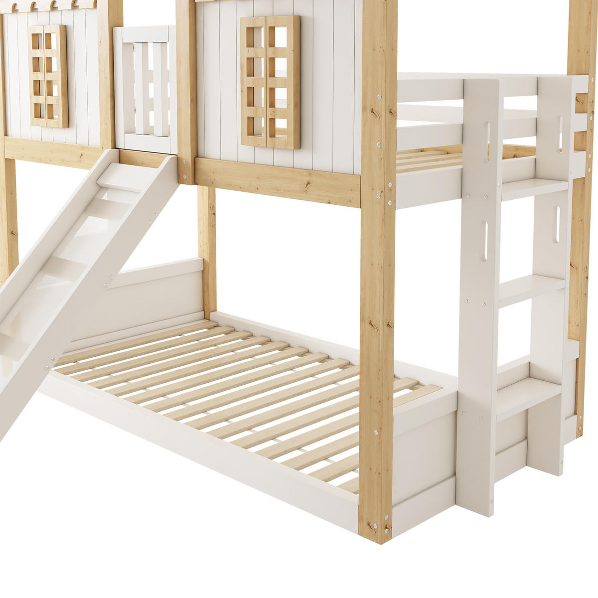 ETAGENBETT 90/200 cm Hausbett mit Rutsche, DE-41540, in Weiß/Natur - Weiß, Holzwerkstoff (90/200cm) - ComfortXL
