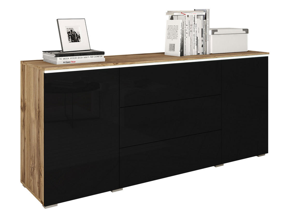 SIDEBOARD Vera 150 mit weißer LED Beleuchtung - Schwarz Hochglanz/Eiche Wotan, Holzwerkstoff (150/66/40cm) - MIRJAN24