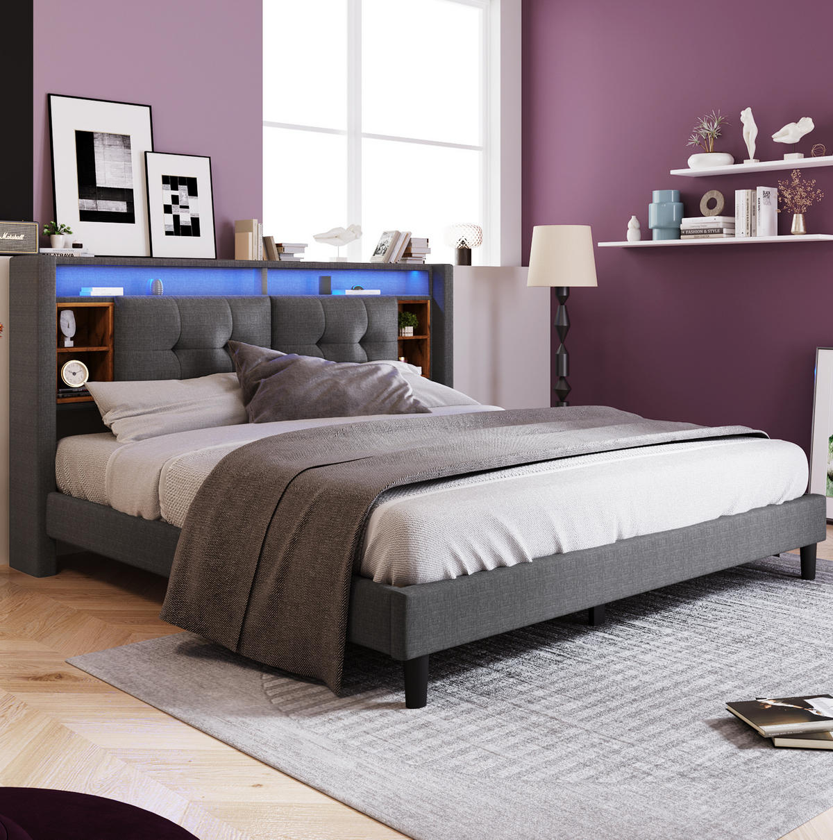 POLSTERBETT 140/200 cm Grau mit Stauraum, USB-Anschlüssen und LED-Beleuchtung - Grau, Holz (140/200cm) - Flora Grace
