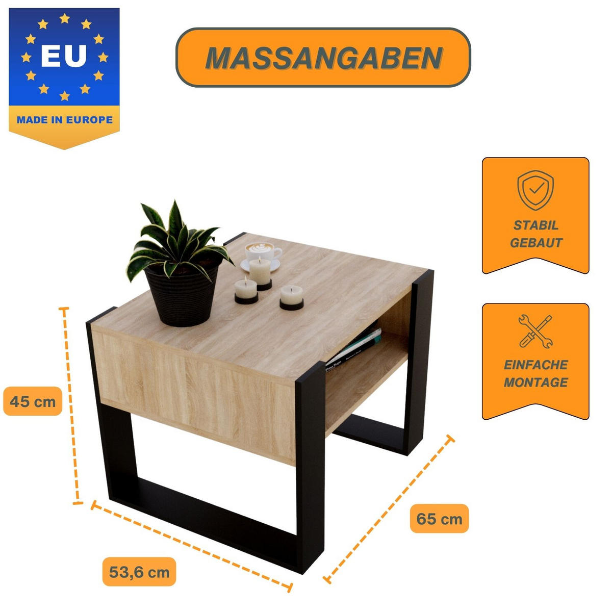 COUCHTISCH Karo65 65/45/53,6 - Eichefarben/Schwarz, Holzwerkstoff (54/65/45cm) - RAUMHIRSCH FURNITURE