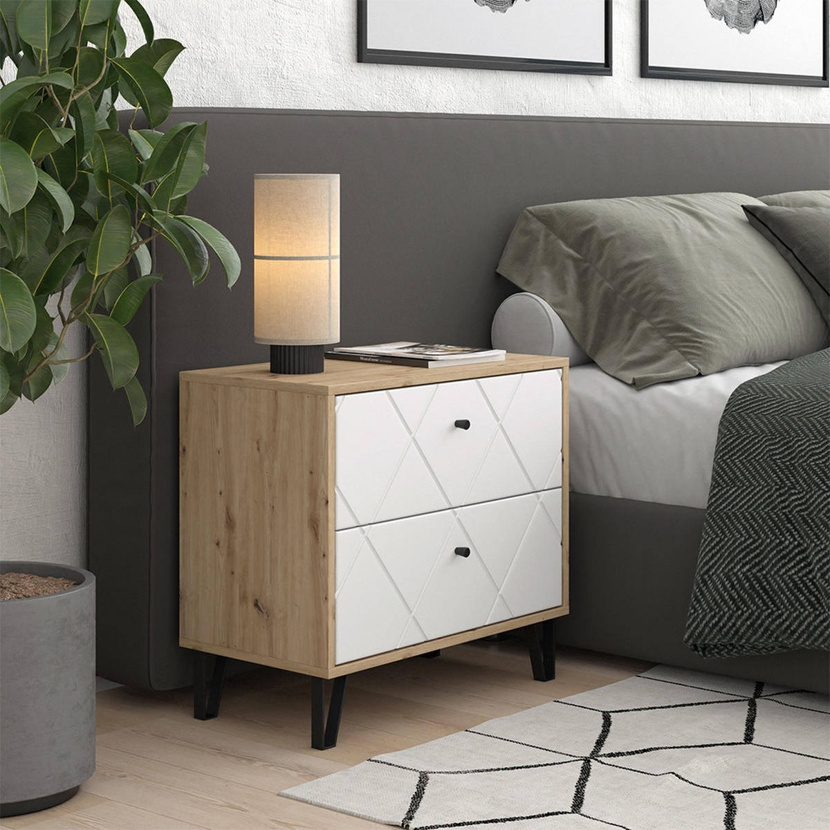 NACHTTISCH Nizza Artisan/Weiß 2er Set - Eiche Artisan/Weiß, Holzwerkstoff (66/60.2/36cm) - Vicco