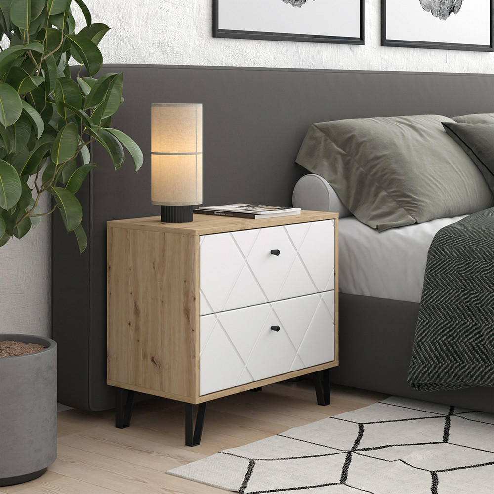 Thumbnail - Vicco Nachttisch, Eiche Artisan, Weiß, Holzwerkstoff, 2 Schubladen, Rechteckig, 66x60.2x36 cm, Schlafzimmer, Nachttische