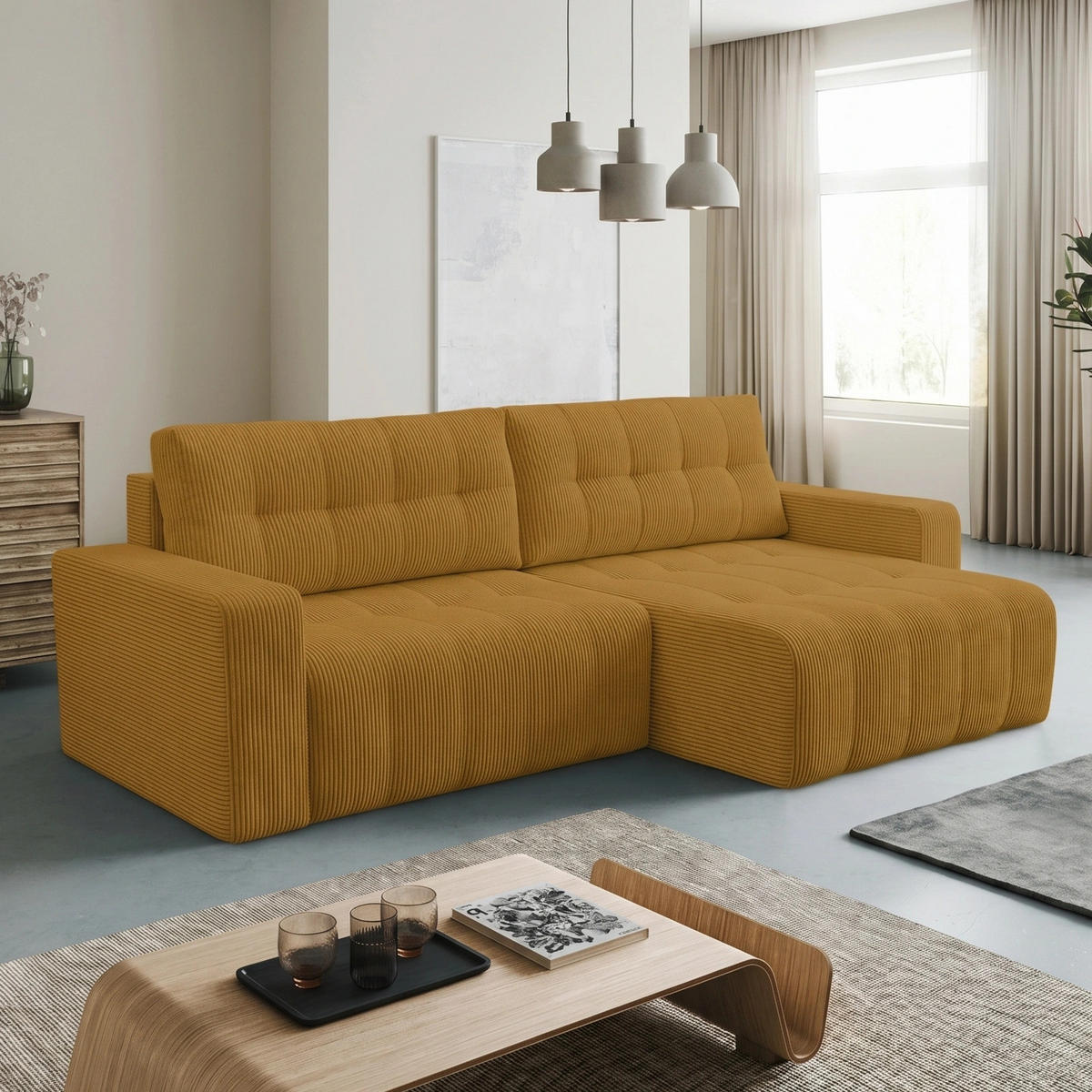 ECKSOFA Palermo mit Schlaffunktion und Bettkasten in Cordstoff - Dunkelgelb, Holz/Holzwerkstoff (245/143cm) - Ravio