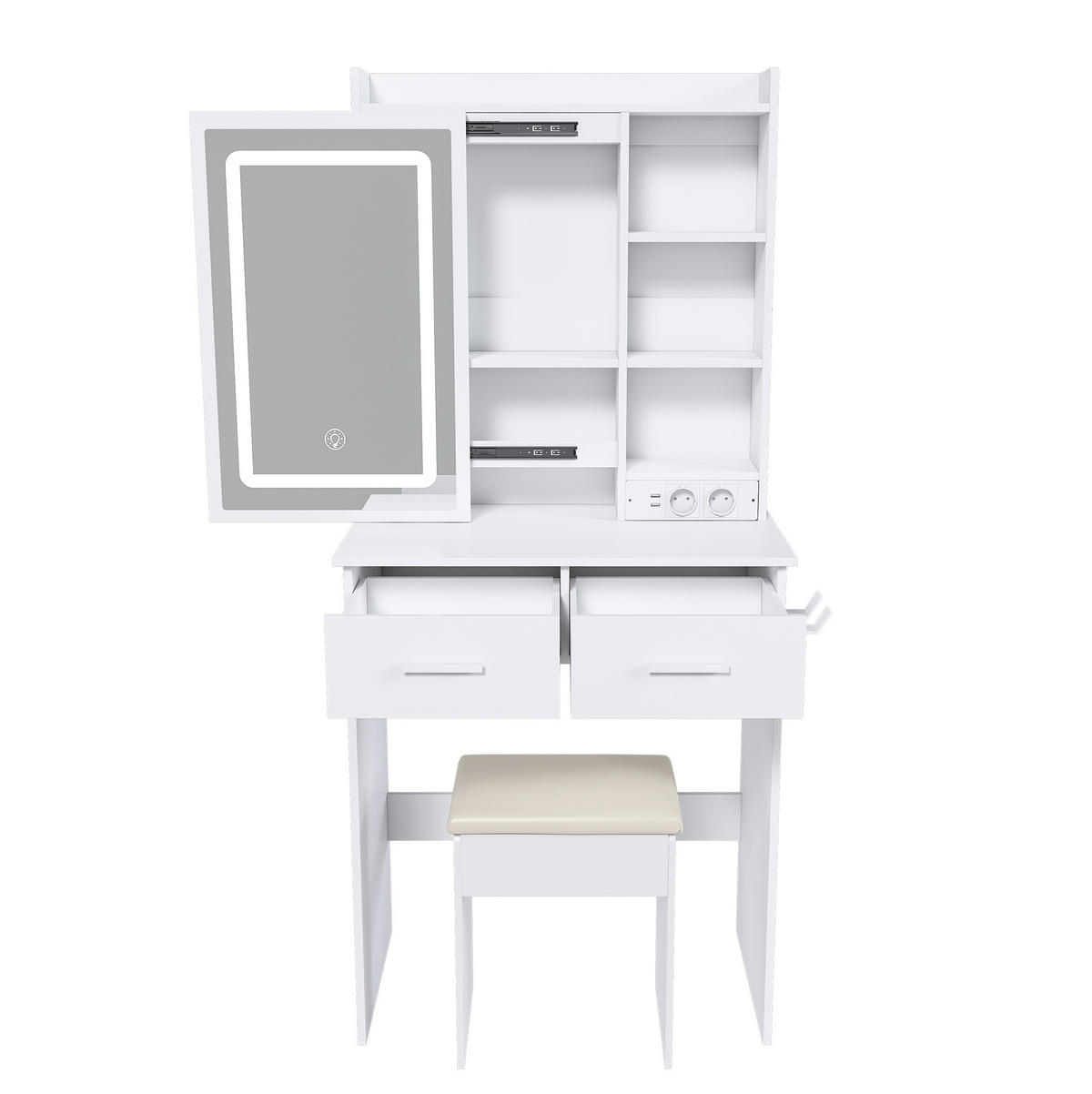 SCHMINKTISCH 36/60/136 cm weiß aus MDF mit LED-Spiegel und Hocker - Weiß, Holzwerkstoff (36/136/60cm) - OKWISH