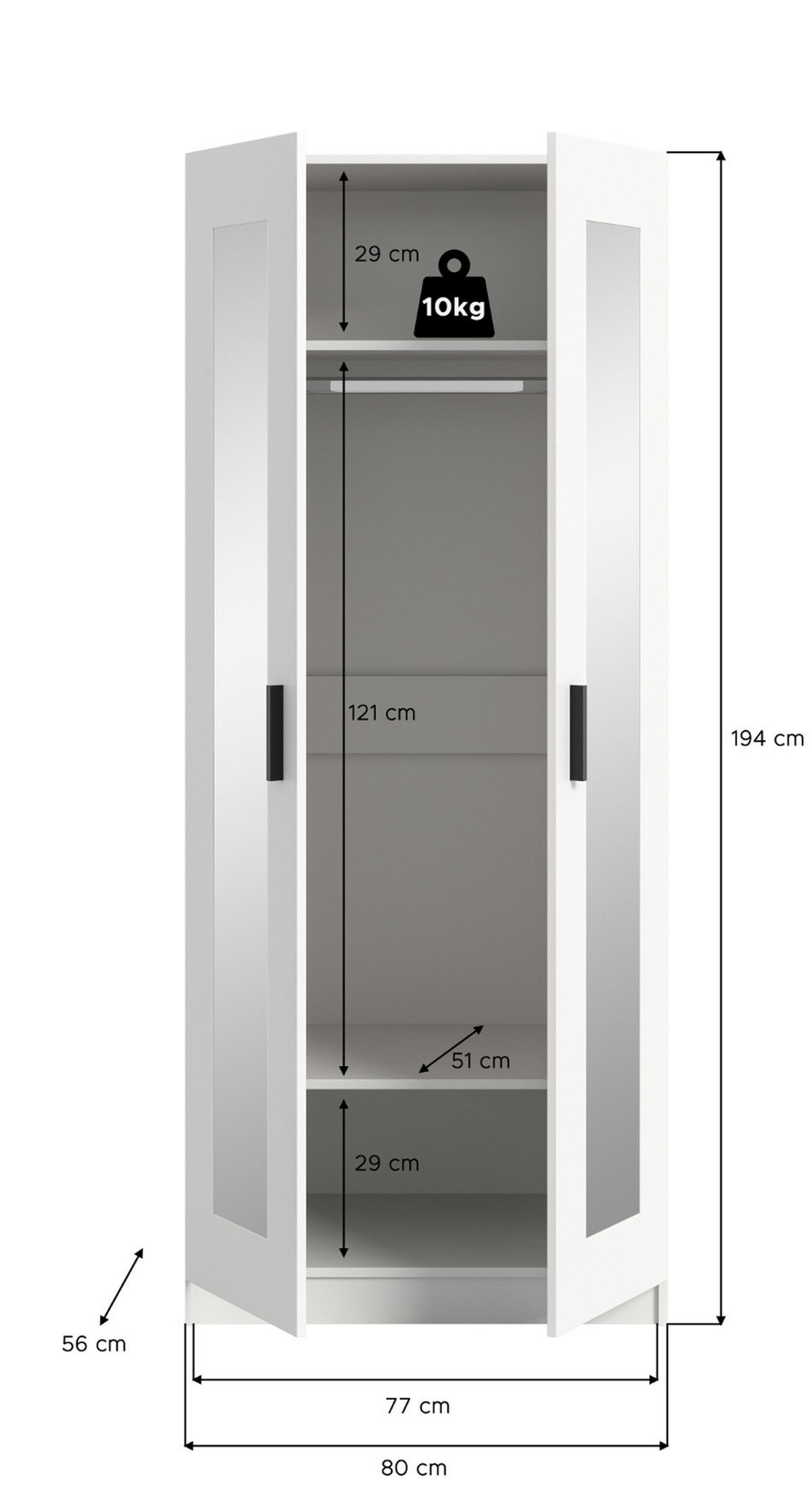KLEIDERSCHRANK in weiß 80 x 194 cm skandinavisch, Drehtürenschrank 2-türig mit Spiegel - Schwarz/Weiß, Glas/Holzwerkstoff (80/194/56cm) - Inn.Furn